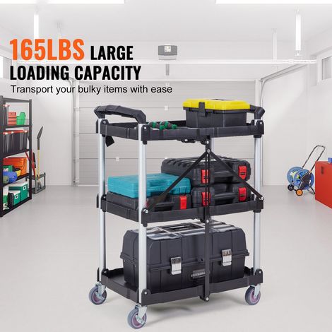 Chariot à outils pliant transport 3 niveaux 74,8 kg résistant plastique roues pivotantes freinables poignée ergo portable garage entrepôt bureau maison 65,1x39,2x83,2 cm (1/5)