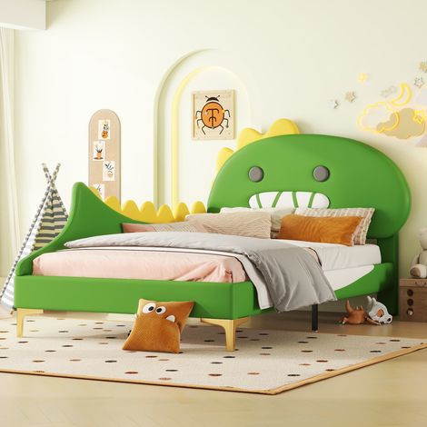 Cama infantil 90x200 cm cabecero con forma de dinosaurio de dibujos animados material PU verde(Sin Colchón) (1/5)