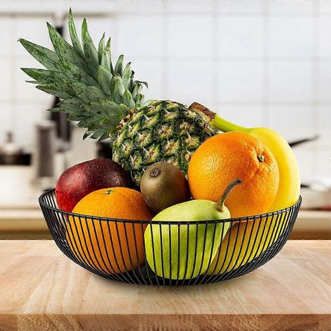Corbeille à fruits en fer forgé, panier rond ajouré en fil de métal, égouttoir, récipient de rangement pour biscuits, pain et bonbons, idéal pour le salon, la cuisine, le comptoir, le garde-manger ou (1/4)