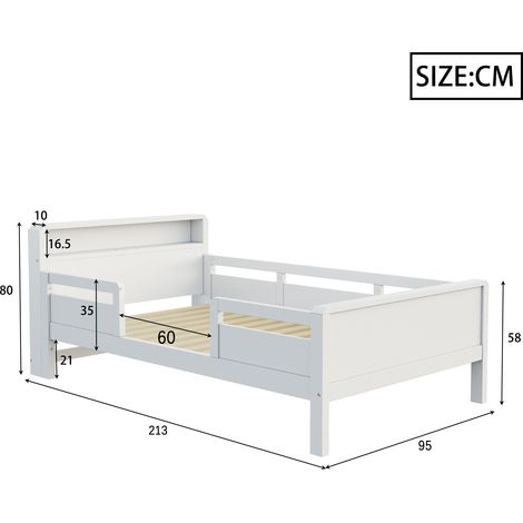 Lit enfant 90x200 cm, bois de pin blanc, avec prises USB et Type-C, veilleuse LED intégrée, tête de lit avec rangement, lit simple multifonctionnel. (1/5)