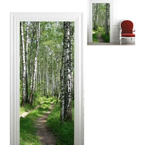 Sticker Porte Photo - Poster Paysage Forêt de Bouleaux 3D, Tapisserie Porte Trompe-l'œil für Wohnzimmerdekoration