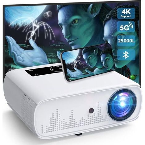 Vidéoprojecteur, Projecteur vidéo WiFi 5G Bluetooth,25000 Lux natif 1080P Full HD Retroprojecteur 4K Supporte,350" Écran Home
