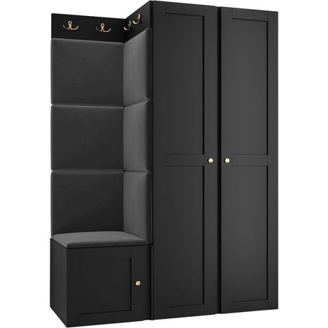 Meuble d'entrée Hartford 379, Noir, 186x116x46cm, MDF, Stratifié, Tissu, Murale, À poser