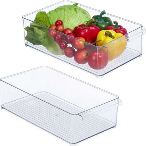 Relaxdays Fridge Organiser, Set of 2, HxWxD: 10 x 20.5 x 36.5 cm, Kitchen Box with Handle, Plastic, Transparent (1/5)