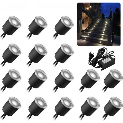 Set mit 16 LED-Bodeneinbaustrahlern – Wasserdicht IP67 – 0,6 W – Durchmesser: 32 mm – Für drinnen und draußen – 4000 K – Weiß – 12 V [Energieklasse A+] (1/5)