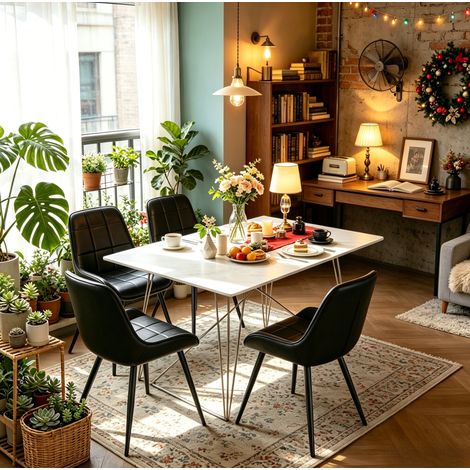 Esszimmerstuhl aus schwarzem Kunstleder mit Metallgestell, gepolsterter Sitz, ergonomischer Rückenlehne und verstellbaren Fußgleitern (1/5)
