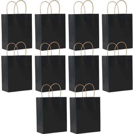 Sacs Cadeaux Kraft - Lot de 10 - Papier Noir - Avec Poignées - Pour Mariage Anniversaire - 21x15x8 cm (1/5)