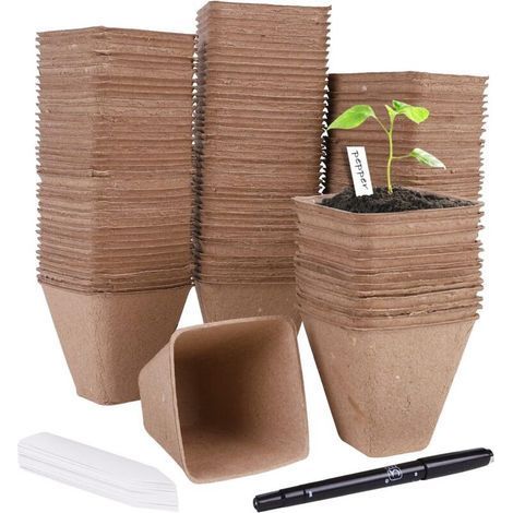 80 Pièces Pots de Semis Biodégradable Godets de Repiquage 8cm Carré Godet Semis Pot Jardinage avec 30 Étiquettes de Plantes pour Graine Légumes Fleurs Succulentes (1/4)