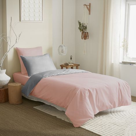 Pack complet 4 pièces Rose/Gris réversible housse de couette pour lit 90 x 190 cm - Rose - (1/2)