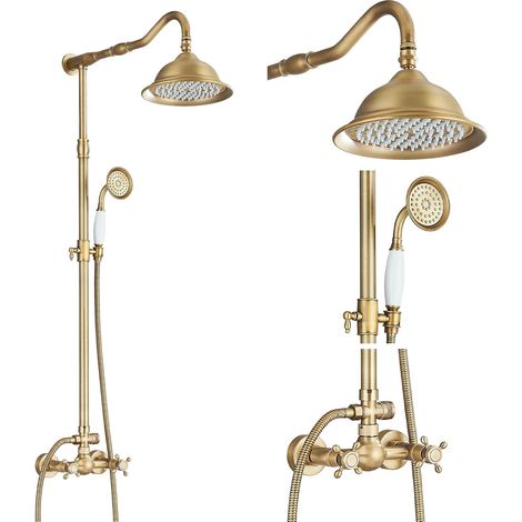 Rétro Colonne de Douche de Robinet de Douche Douche salle de bain Laiton Antique Douche Système avec 2 Sorties,Douchette de Dessus,Douchette à Main, Réglable en Hauteur(85-135 cm)