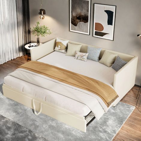 Sofá cama extraíble 90/180x200 cm, con somier, cama multifuncional, cama individual/doble plegable, tejido de terciopelo agradable para la piel, color beige.