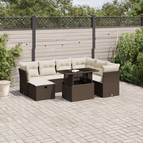 Ensemble Salon Jardin 8 Places Marron Résine Tressée avec Coussins - Modulable, Table Réglable (1/4)