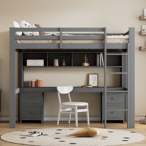 Lit mhillable 90200cm,lits pour enfants,plateau de lit,fond de table,grand espace de rangement,rampe haute,escaliers d’écurie,gris (1/5)
