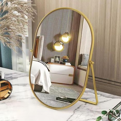 Espejo de maquillaje ovalado dorado con marco de metal - Portátil, de un solo lado, ajustable - Para tocador, tocador, sala de estar, dormitorio, oficina (1/5)