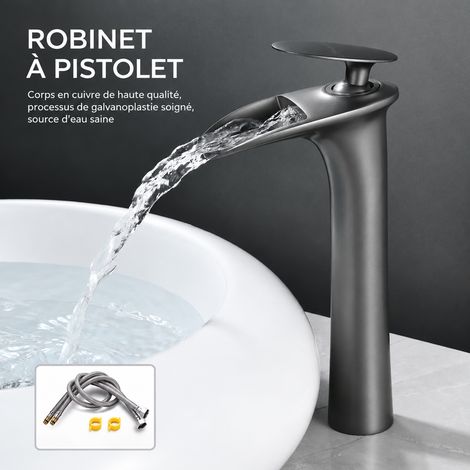 Mitigeur Lavabo Haut Laiton gris pistolet bec cascade modèle haut Vasque sans tuyaux d'arrivée d'eau – Livraison gratuite