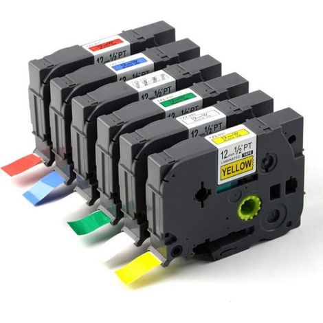 6x Ruban d'étiquettes 12 mm, Noir Bleu Rouge Jaune, Compatible Brother P-Touch TZe, Pour PT-1010 PT-D200 (1/5)