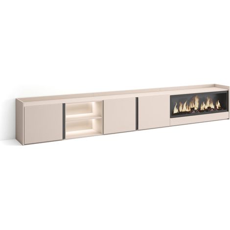 Skraut Home - Mobile TV Soggiorno, Ampio spazio a disposizione, 315x35x50cm, Per TV fino a 80", Camino elettrico XXL, LED, Stile moderno, Beige (1/5)