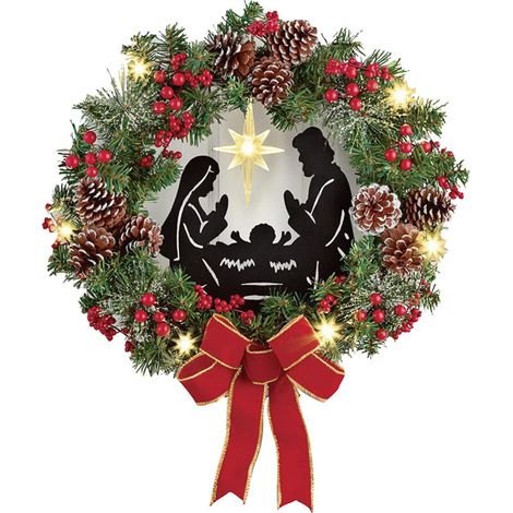 Corona navideña decorativa con escena del nacimiento – para puerta, chimenea o ventana – hecha de plástico realista, 30 cm, verde y rojo