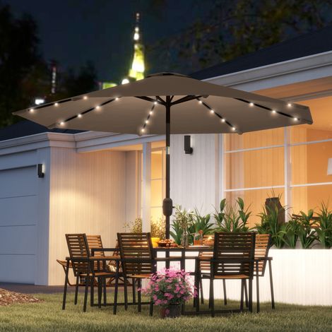 Parasol jardin Ø265cm 32 lumières LED solaires manivelle poteau acier terrasse, kaki