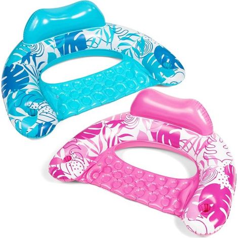 Set di 2 sedie galleggianti tropicali (blu e rosa) – Comode sedie gonfiabili galleggianti con poggiatesta e portabevande, perfette per piscina e lago. (1/4)