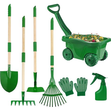 Jouet de jardin pour enfants - Kit de jeu avec pelle, hache, hache, brouette, gants et pulvérisateur - Chariot jouet pour enfants, cour, Pâques, anniversaire (1/5)