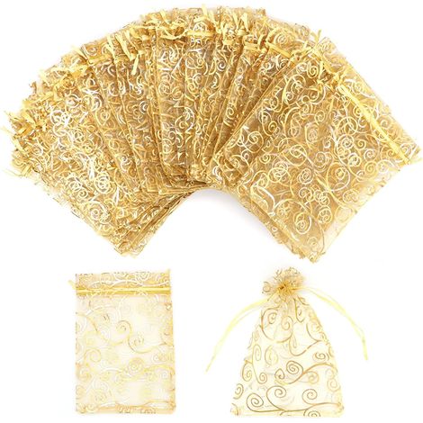 Lot de 100 sachets en organza, 10x15cm sachet organza pochette cadeau, sacs à cordon pour Bijoux, imprimés en rotin pour mariages, faveurs de fête, cadeaux de Noël, sacs à bonbons (1/5)