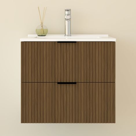 Biubiubath Meuble de Salle de Bain suspendu 60 cm Noyer avec 2 tiroirs, vasque céramique - Meuble de salle de bain mural (1/5)