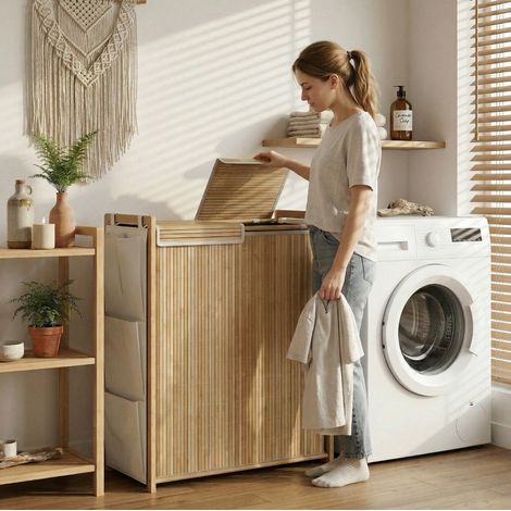 Panier a linge 63x33x78 cm naturel en bambou avec couvercle, 2 sacs amovibles et 4 poches laterales (1/5)