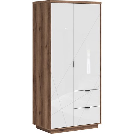 Schrank Sven mit 2 Schubladen und 2 Türen, Weiß und Holzoptik, 201cm