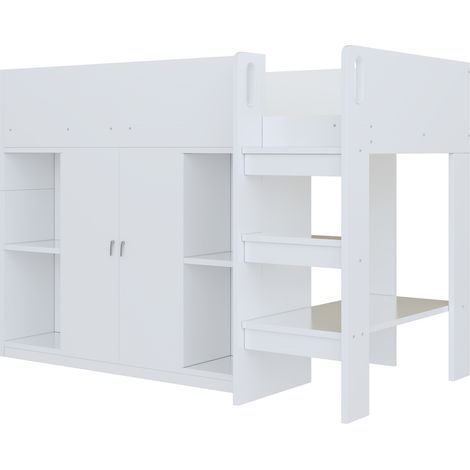 Kinder-Hochbett 90 x 200 cm mit Stauraum, Kleiderschrank und Regalen, weiß (1/5)