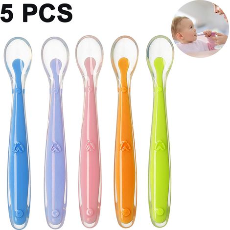 Lot de 5 cuillères pour bébé, premières étapes de l'apprentissage, en silicone souple.