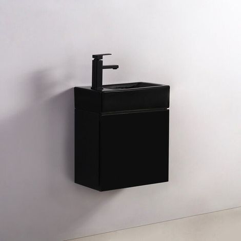 Rue Du Bain – Pack Studio NOIR – Meuble lave-main noir laqué brillant – Lave-main céramique avec trou à droite – Rangement avec porte