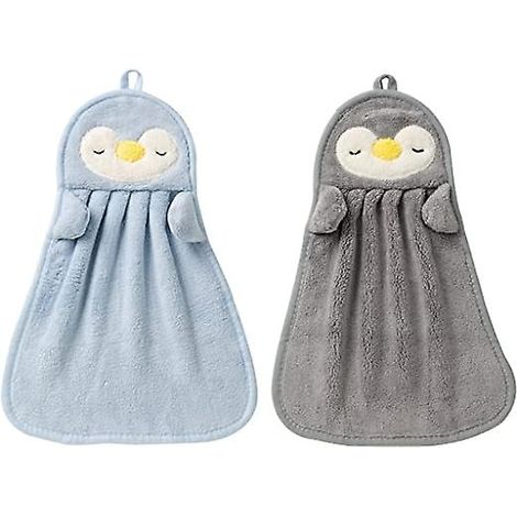 Lot de 2 serviettes en peluche douce en forme de petit pingouin, grise et bleue, 40 x 25,5 cm (1/5)