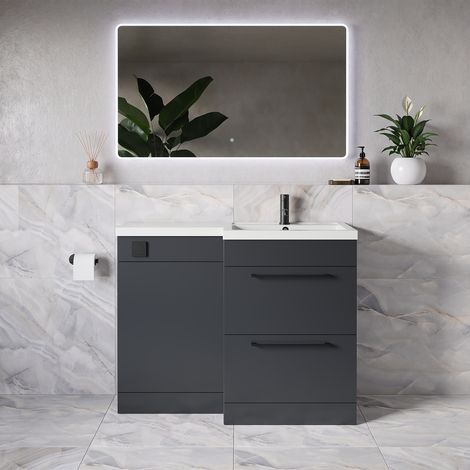 Napoli 390 Gloss Grey 1100mm 2 Drawer Vanity Unit Toilet Suite with Square Right Hand Lucia Basin - 1100mm - Matt Black 320mm HandleWithout Kingston Toilet Pan