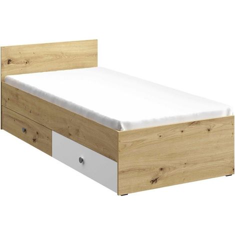 Cama Almira 113, Roble Artisan + Blanco + Gris, Individuales, 90x200, Aglomerado laminado, Somieres, 94x204x72cm (1/5)