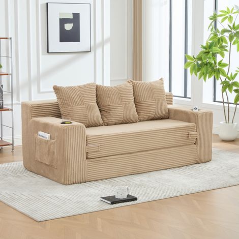 Sofa 172/87/64 cm aus Cord in Khaki mit Getränkehaltern und Seitentaschen (1/5)