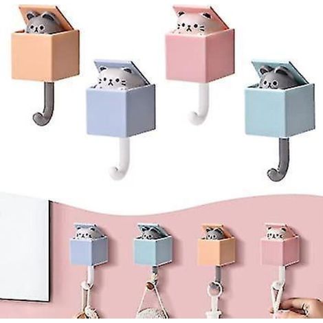 Lot de 4 crochets de porte Kawaii Chat, crochets pratiques et mignons en forme de chat, porte-clés animaux, décoration murale, clés, chapeaux, manteaux, etc. (1/5)