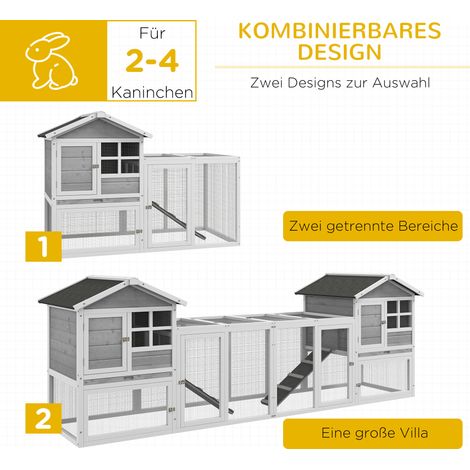 Clapier extérieur pour lapins et petits animaux, enclos spacieux avec rampe, bacs de sol extensibles, écurie en blanc et gris (1/4)