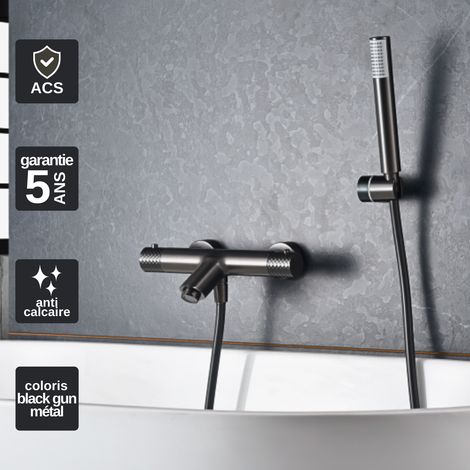 Mitigeur Bain/Douche Thermostatique noir métal Pommeau Anti-Calcaire - Design Moderne - Kit Complet GENOVA IMEX (1/4)