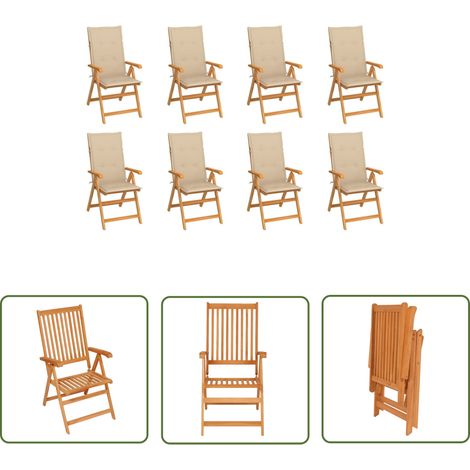The Living Store Chaises inclinables de jardin et coussins lot de 8 Teck solide - Chaise De Jardin - Chaise Inclinable - Mobilier De Jardin - Teck - Chaise En Bois (1/5)