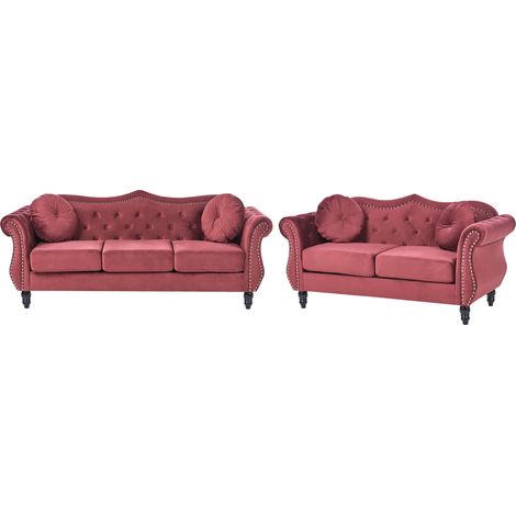 Conjunto de sala de estar en terciopelo rojo oscuro 2 plazas 3 plazas apoyabrazos enrollados cojines estilo glam Skien