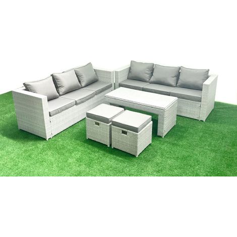 Fimous 8 Seater Garden Outdoor Rattan Furniture Set Rattan Garden Sofa Oblong Coffee Table with 2 Small Footstool Light Grey Mixed (1/5)