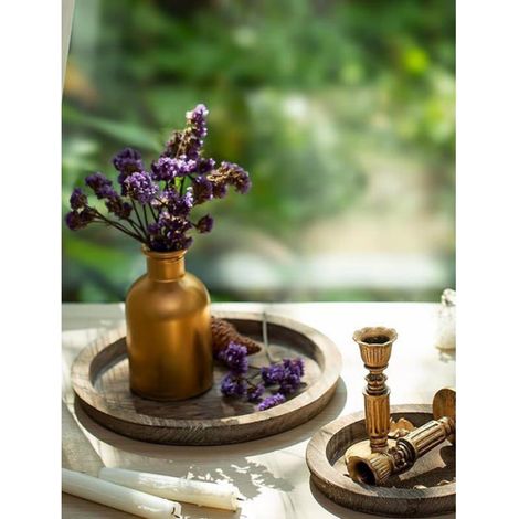 1 Plateau rond, Bois de paulownia, Décoration centre de table, Porte-bougie vintage, Salon cuisine (1/5)