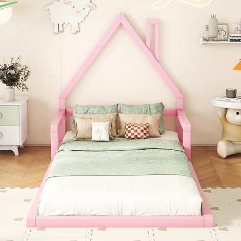 Lit enfant 90 x 200 cm, lit plat, forme maison, pin massif, design simple, rose, tissu polyester résistant