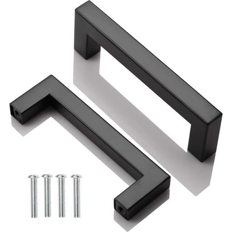 2pcs Poignee de Meuble Cuisine Noir, Acier Inox Poignées Meubles Carrée Entraxe 96 mm, pour Commode Salle de Bain, Tiroirs, Armoires, Placard, avec des vis (1/5)