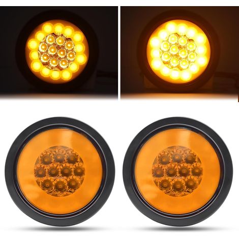 2PCS 4" LED Feu Arrière de Remorque,Rond Feux arrières à 24LED 24V Camion Remorque Bateau Arrière Feu Arrière Frein Feu de Brouillard Inversé (Jaune)