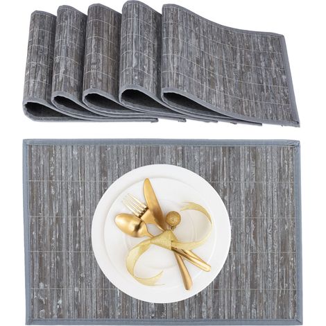 Relaxdays Tischset, 6er Set, Bambus, Stoffrand, rutschhemmend, 45 x 30 cm, Teller, Esstisch, eckiges Platzset, grau