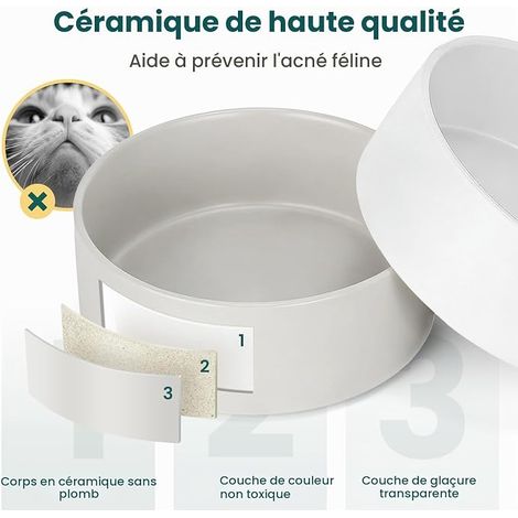 Cat Bowl Ceramic Double Cat Bowl with Metal Stand for Dry Food and Water Anti-Spill White Grey (1/4)