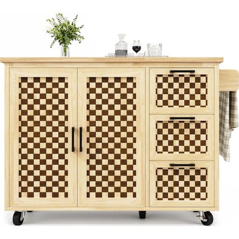 Îlot central de cuisine mobile - Plateau extensible - 120x75x92cm - 3 portes - étagères ouvertes - avec porte-serviettes - MDF - mosaïque - Naturel