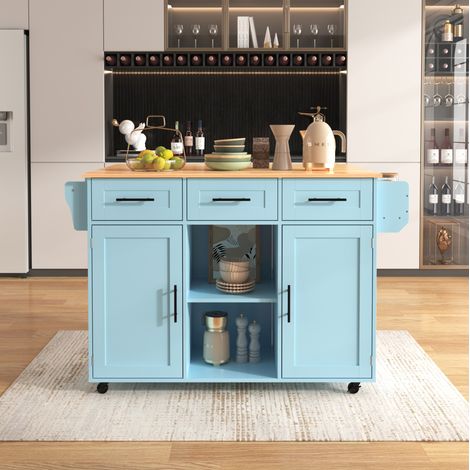 Carrello cucina 139x46(71)x91.5 cm blu in MDF con piano pieghevole, cassetti, ripiani regolabili e ruote (1/5)